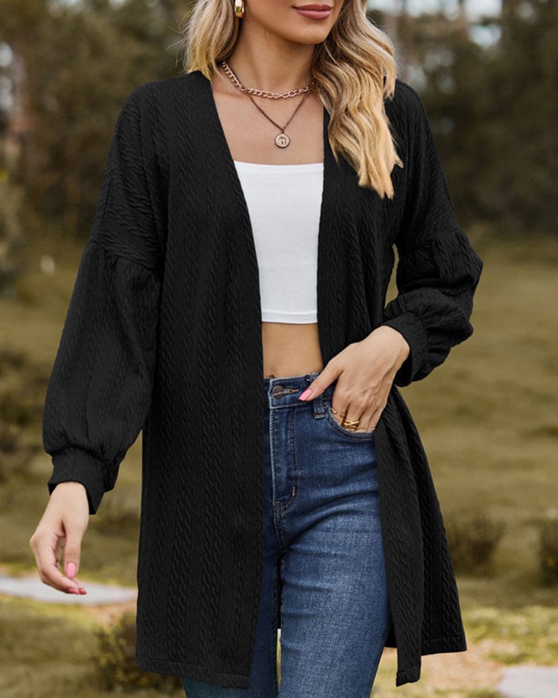 Linde – gebreide dames cardigan-vest met textuur en lanternmouwen