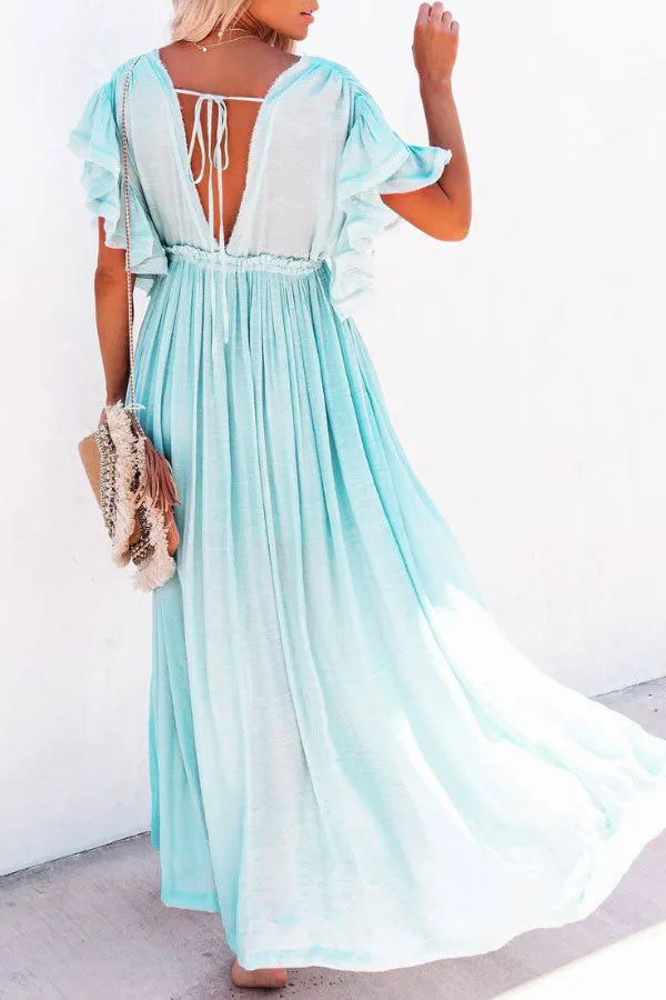Margarita Ivory – maxi zomer jurk met delicate ruches en een subtiele glans