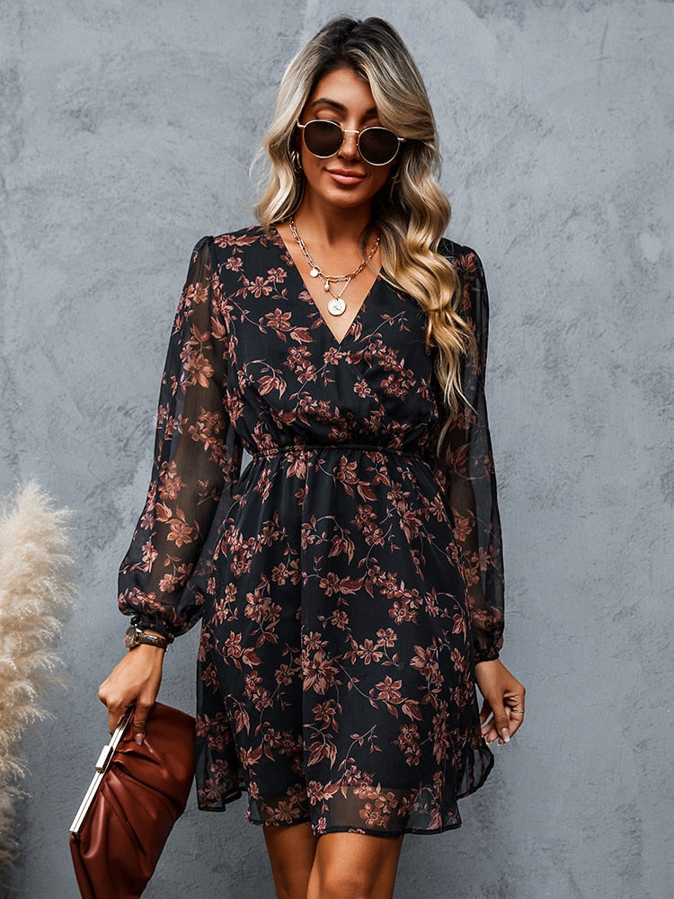 Vania – V-hals midi Bloemenprint jurk met lange mouwen elastische taille