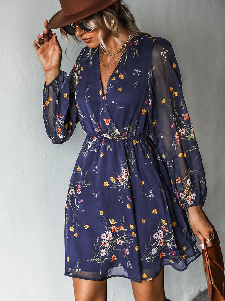 Vania – V-hals midi Bloemenprint jurk met lange mouwen elastische taille