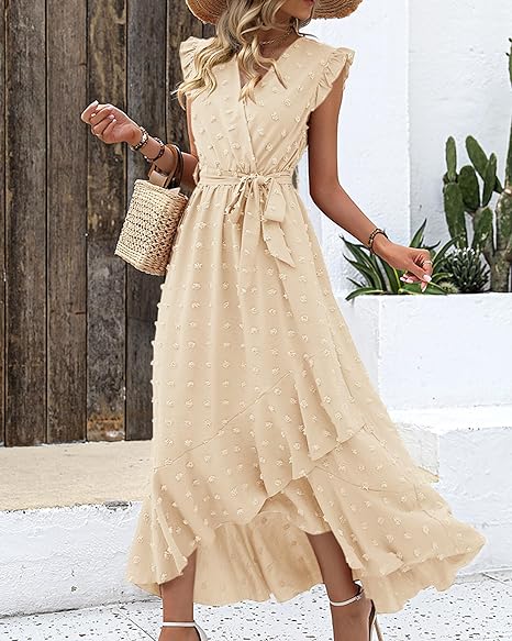 Elena – V-hals Maxi zomer jurk met ruches en strikceintuur in de taille