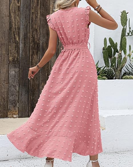 Elena – V-hals Maxi zomer jurk met ruches en strikceintuur in de taille