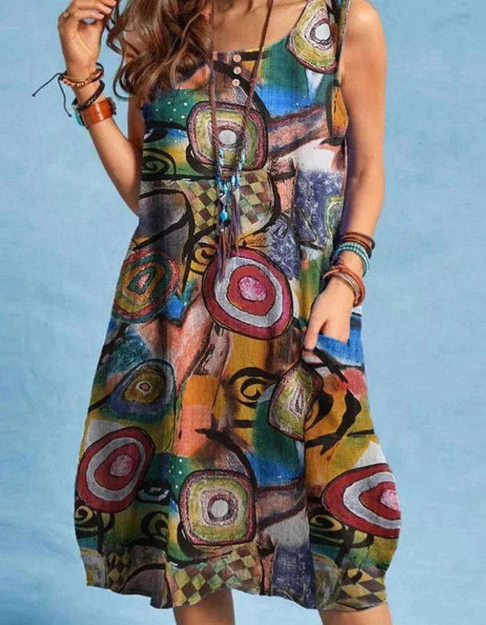 Alda – Boho Print Midi Zomerjurk Met Ronde Hals