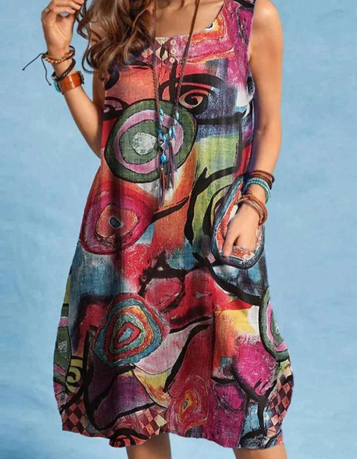 Alda – Boho Print Midi Zomerjurk Met Ronde Hals
