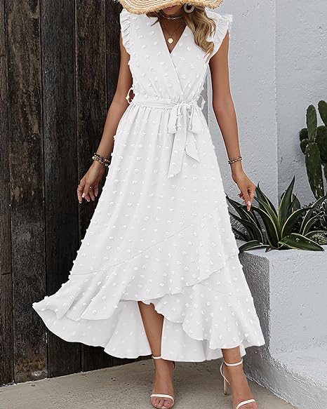 Elena – V-hals Maxi zomer jurk met ruches en strikceintuur in de taille