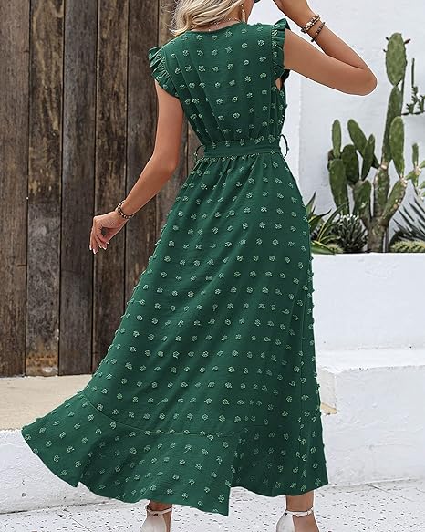 Elena – V-hals Maxi zomer jurk met ruches en strikceintuur in de taille
