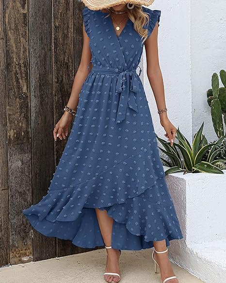 Elena – V-hals Maxi zomer jurk met ruches en strikceintuur in de taille