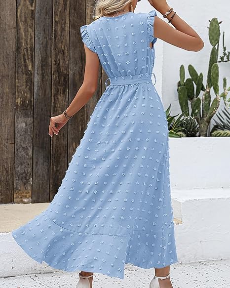 Elena – V-hals Maxi zomer jurk met ruches en strikceintuur in de taille