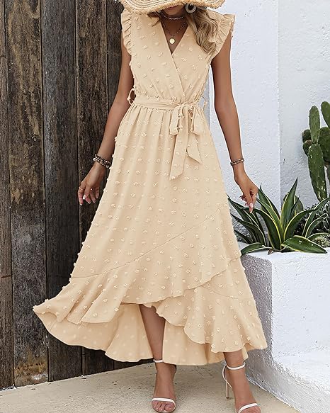 Elena – V-hals Maxi zomer jurk met ruches en strikceintuur in de taille
