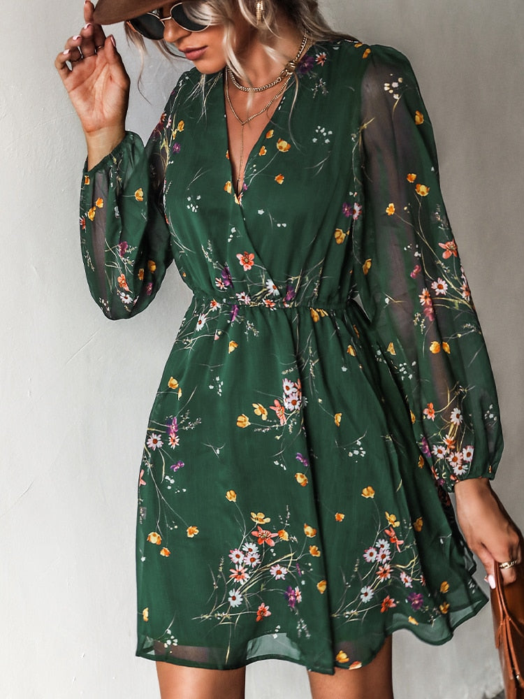 Vania – V-hals midi Bloemenprint jurk met lange mouwen elastische taille