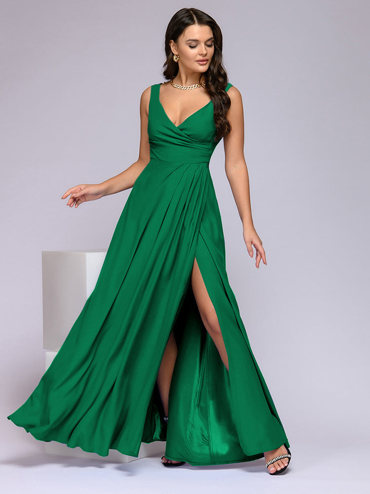 Alicia – V-hals Maxi-jurk Met Subtiele Split En Accentuerende Tailleband