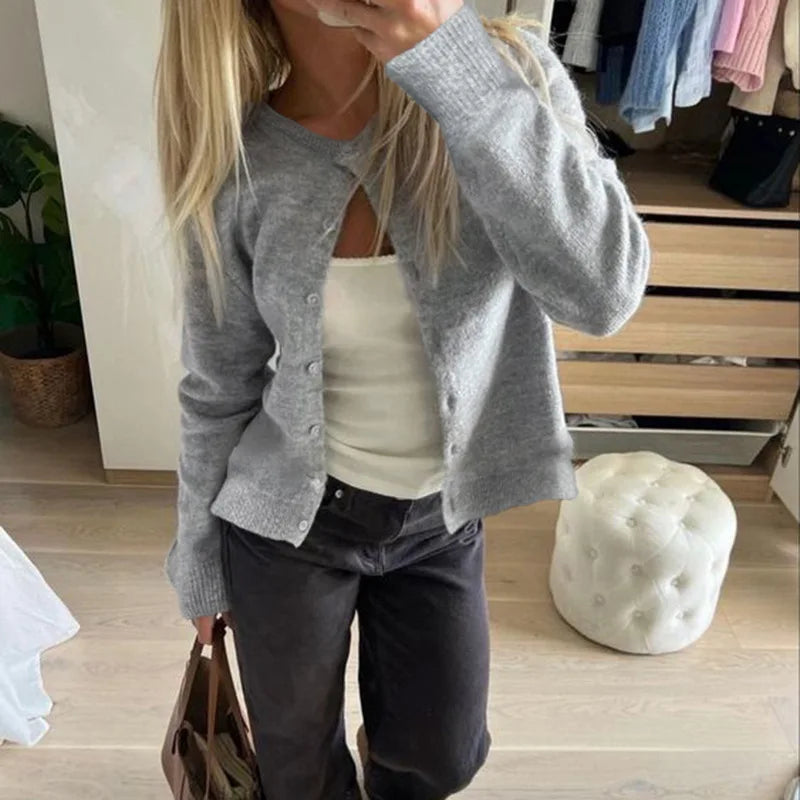 Lynn – retro cardigan vest met ronde hals en lange mouwen