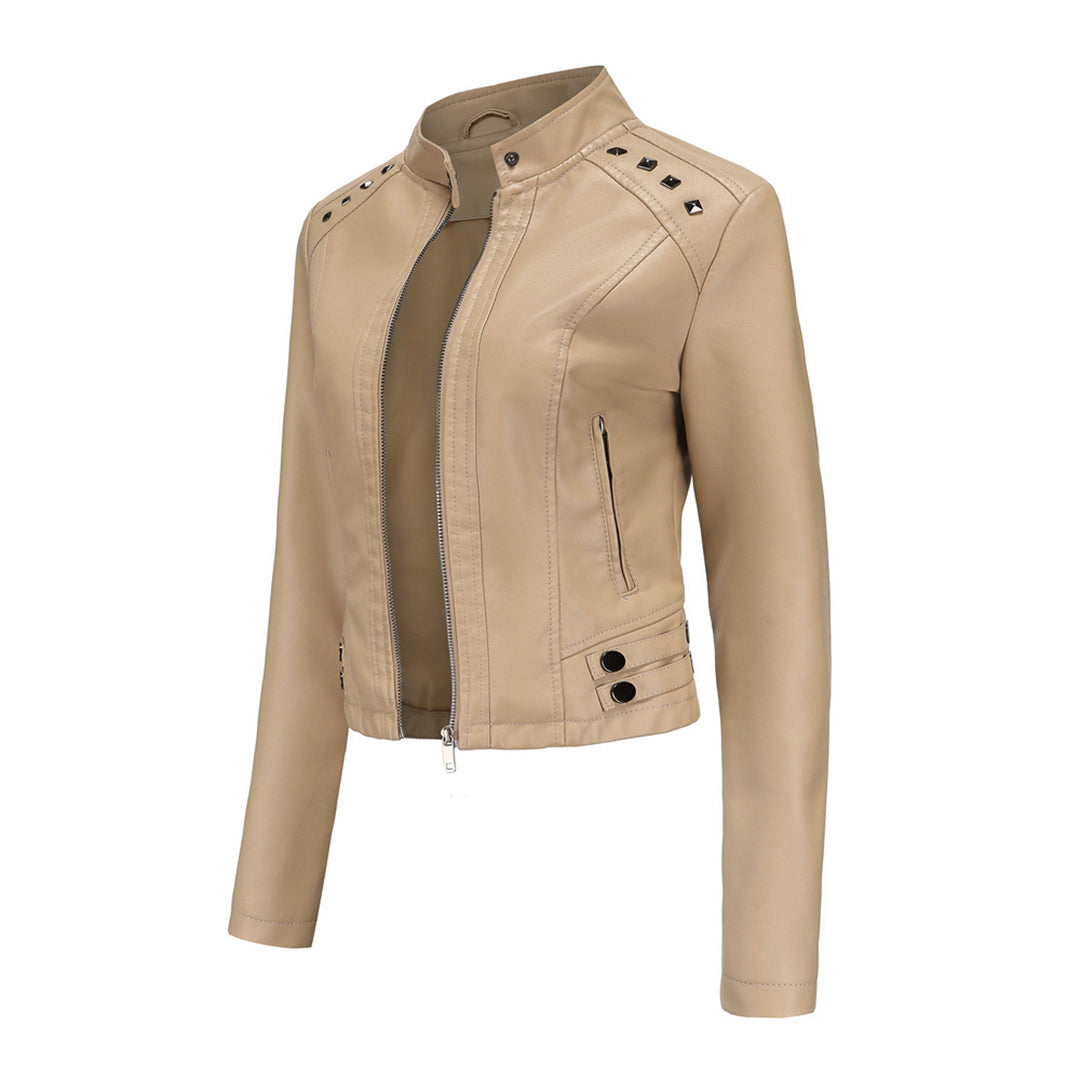 Najla – leren damesjas met opstaande kraag en decoratieve ritsdetails