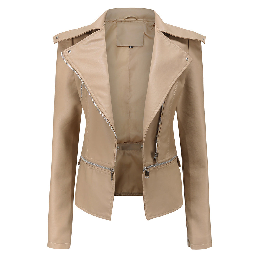 Aliya – leren damesjas met asymmetrische rits en afneembare zoom