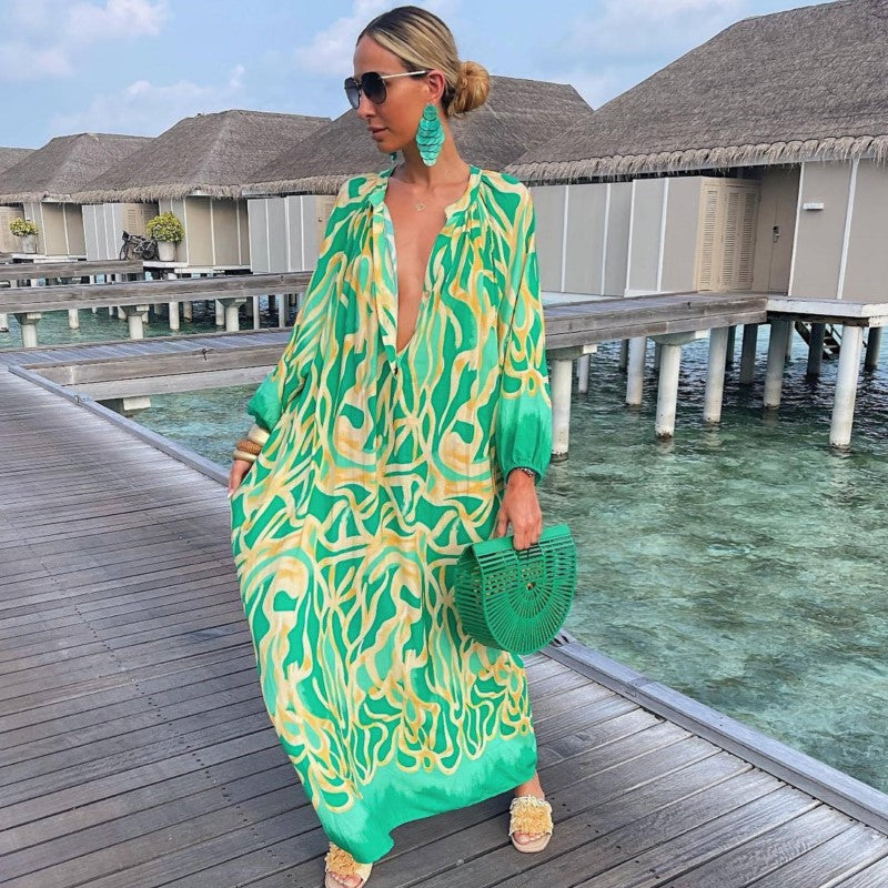 Sophie – Boho Maxi Jurk met Retro Print en V-Hals