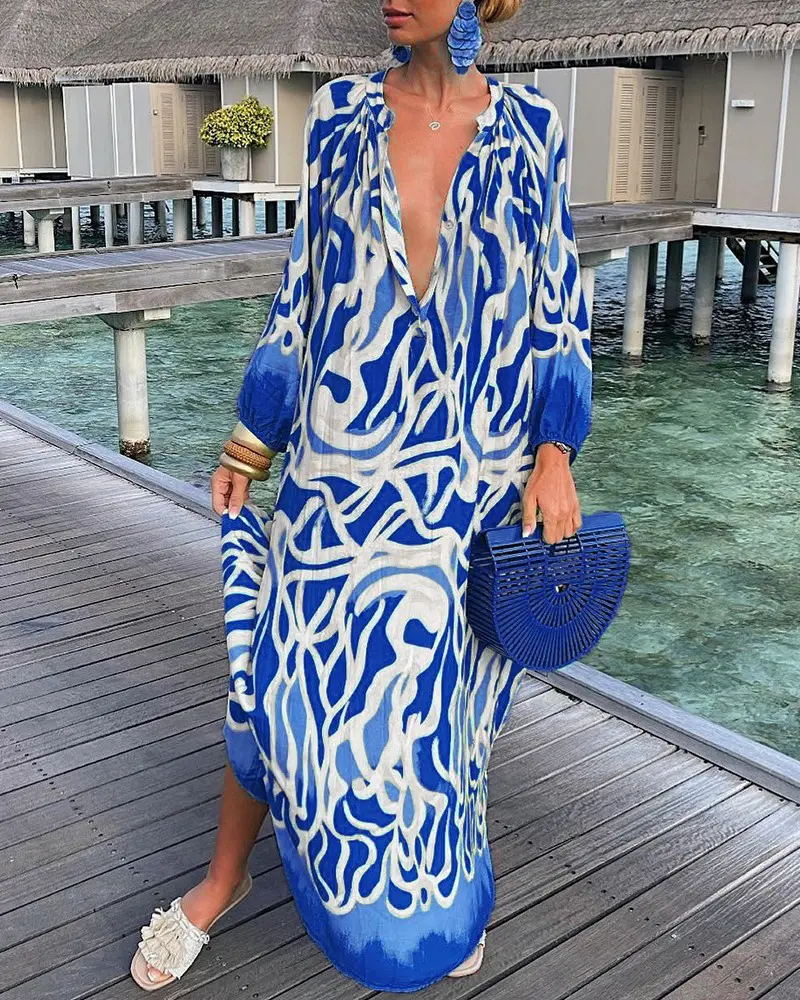 Sophie – Boho Maxi Jurk met Retro Print en V-Hals