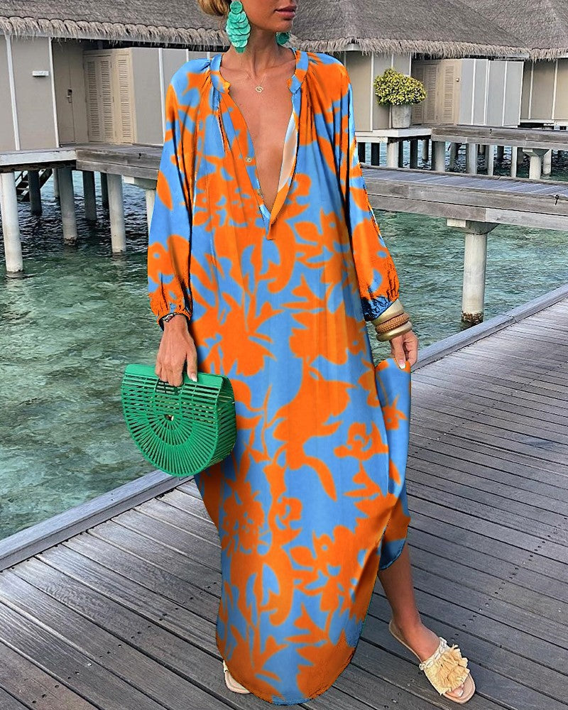 Sophie – Boho Maxi Jurk met Retro Print en V-Hals