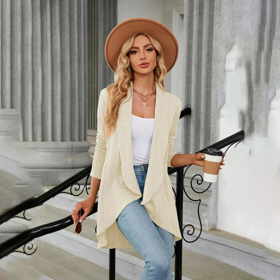 Lina – heuplang cardigan-vest in zachte knit zonder sluiting