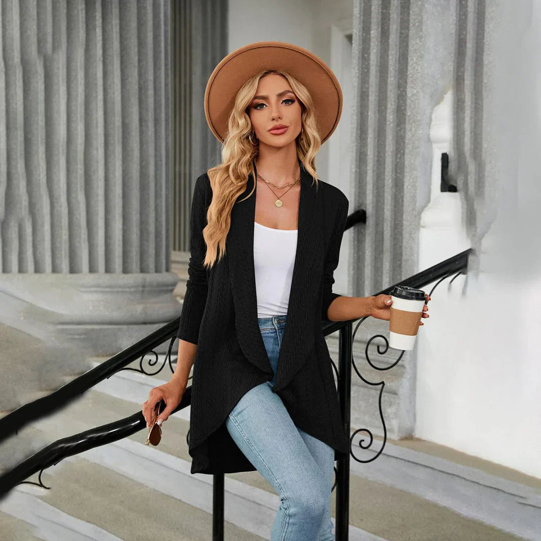 Lina – heuplang cardigan-vest in zachte knit zonder sluiting