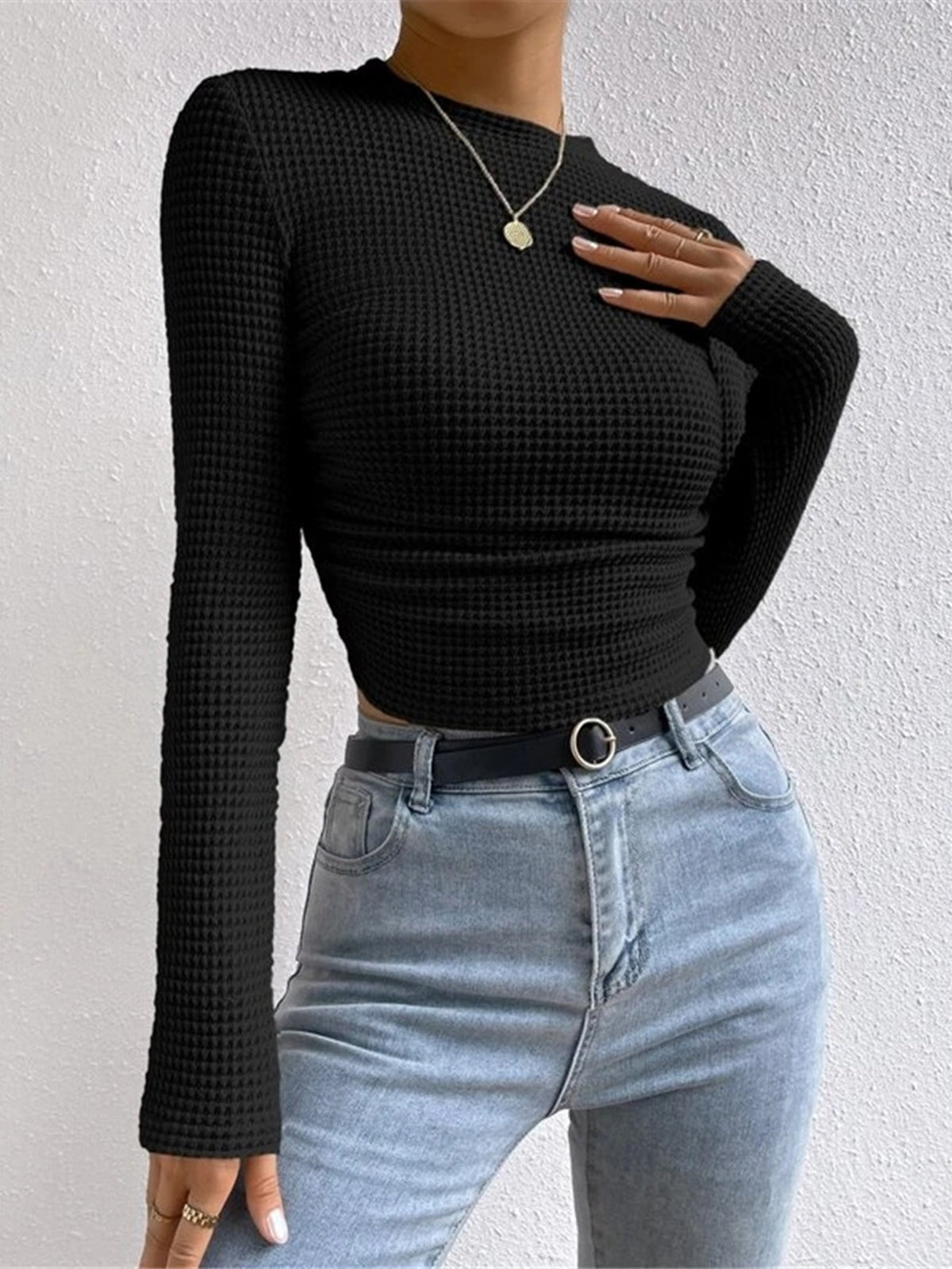 Anne – aangesloten waffle knit top met stretch en lange mouwen