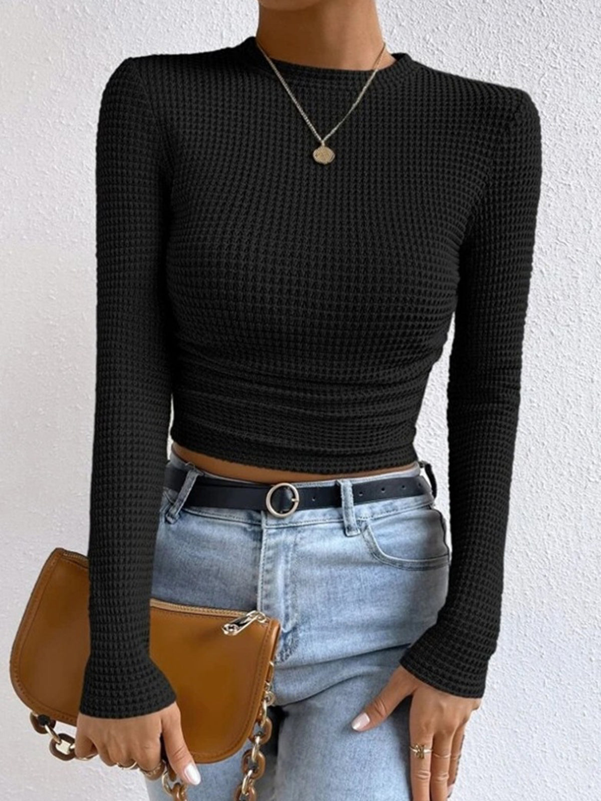 Anne – aangesloten waffle knit top met stretch en lange mouwen
