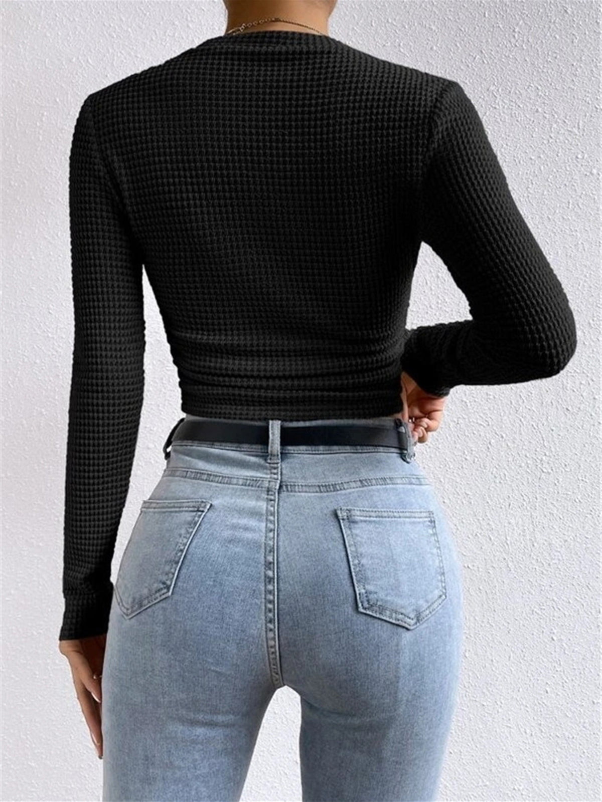 Anne – aangesloten waffle knit top met stretch en lange mouwen
