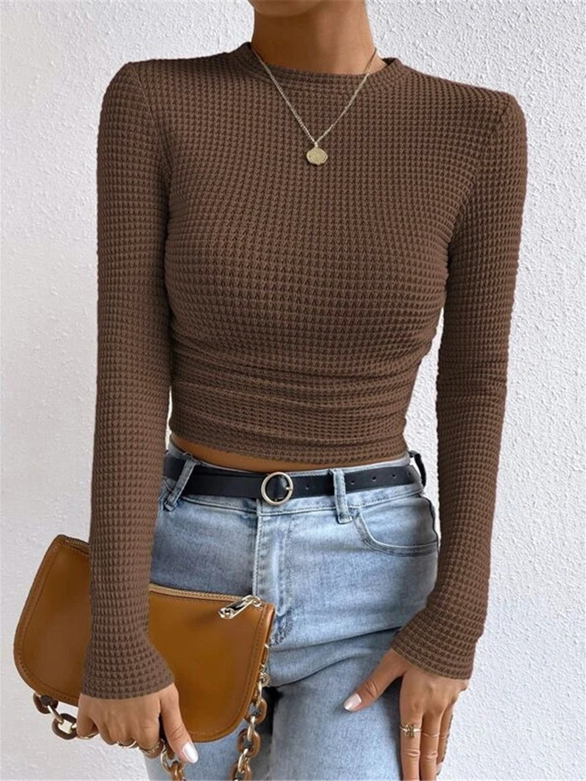 Anne – aangesloten waffle knit top met stretch en lange mouwen