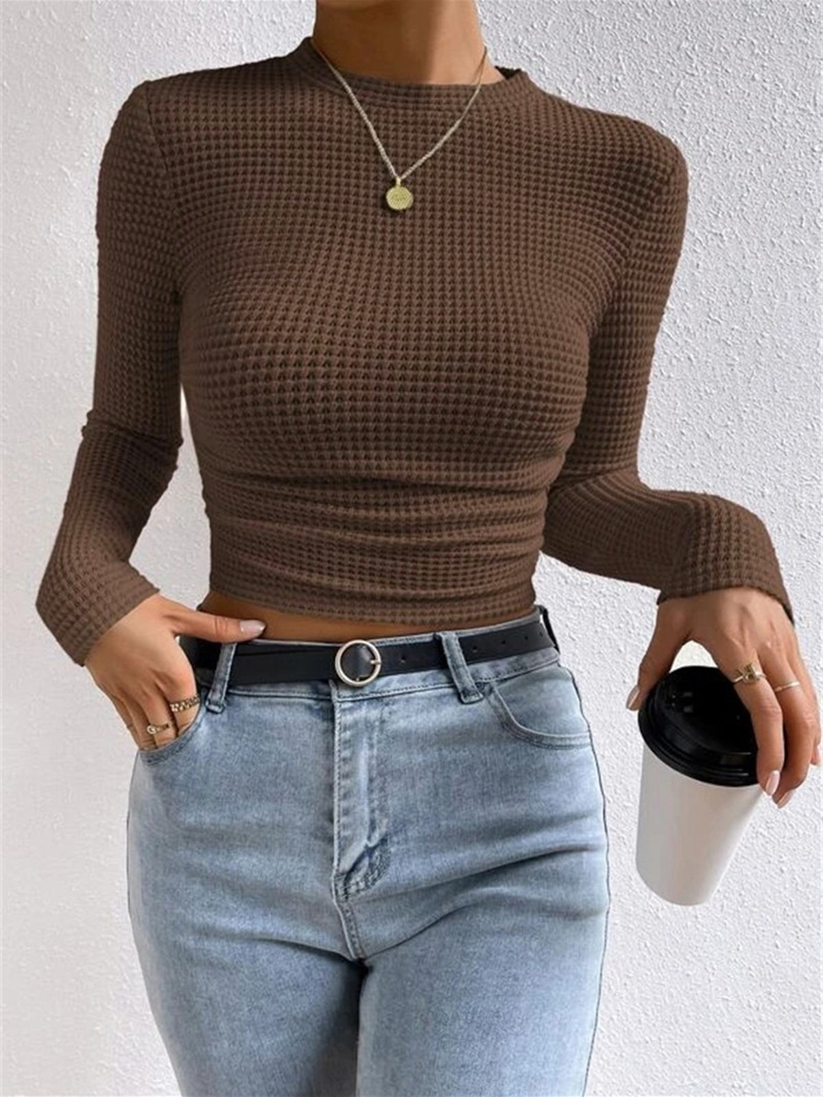 Anne – aangesloten waffle knit top met stretch en lange mouwen