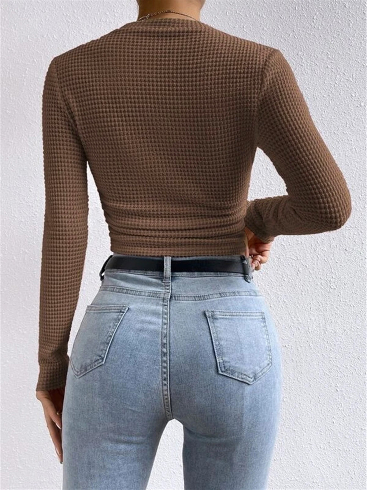 Anne – aangesloten waffle knit top met stretch en lange mouwen