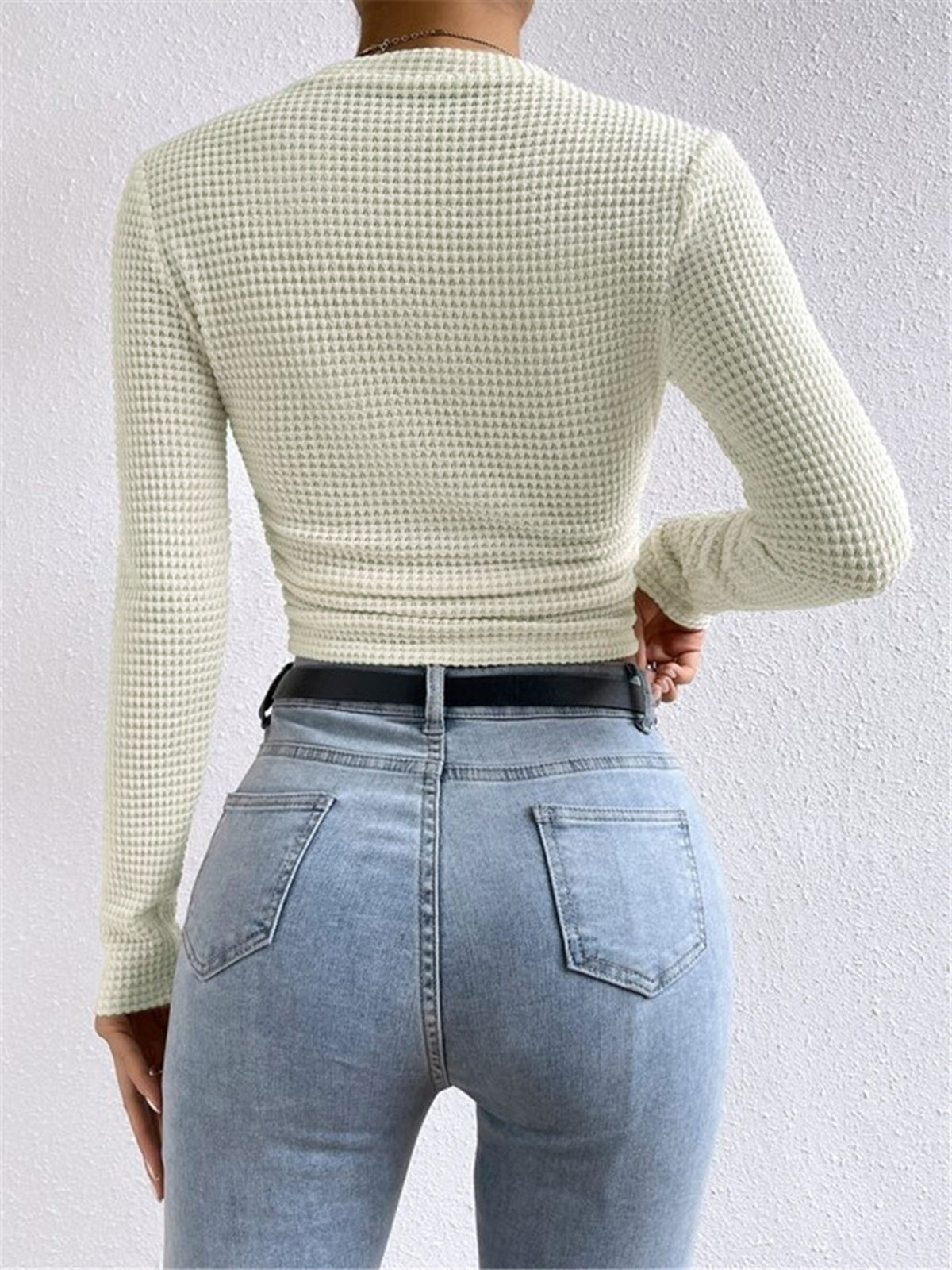 Anne – aangesloten waffle knit top met stretch en lange mouwen