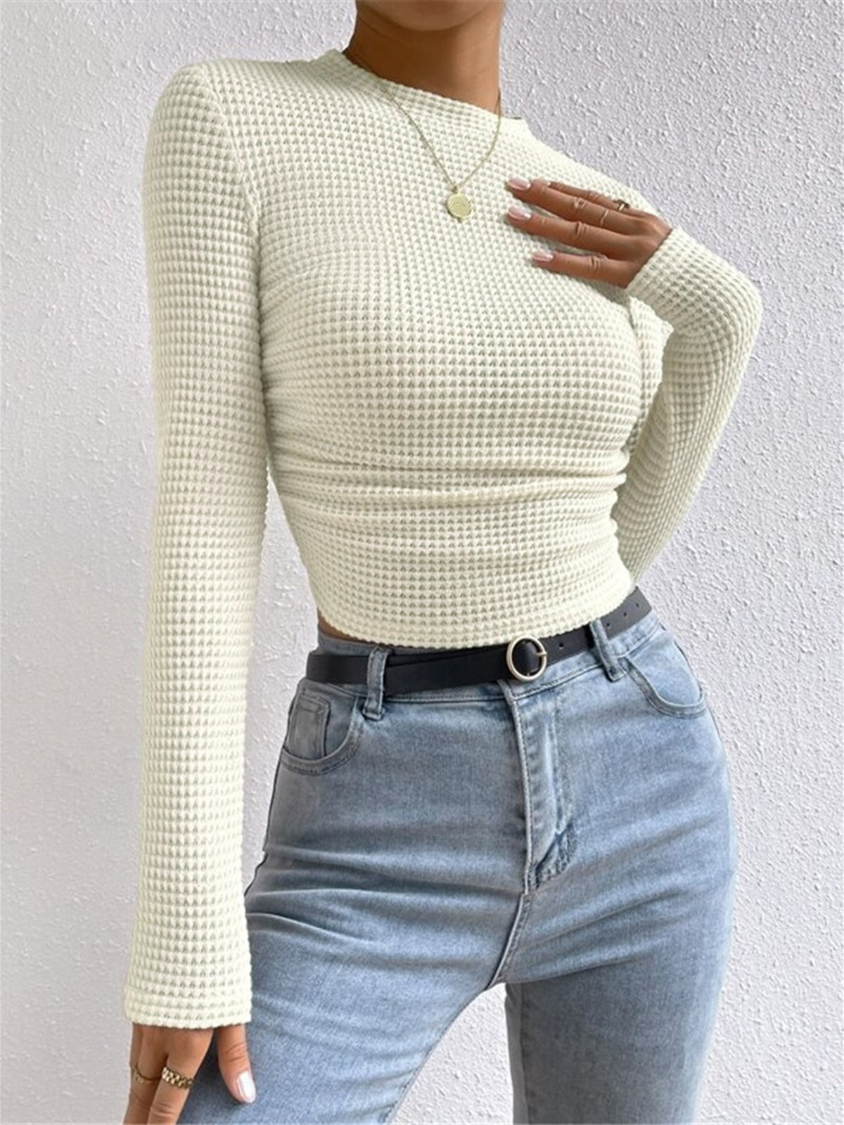 Anne – aangesloten waffle knit top met stretch en lange mouwen