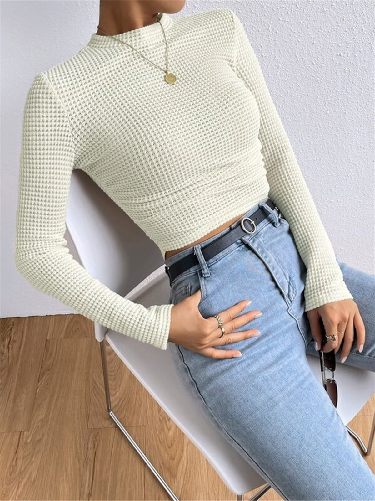 Anne – aangesloten waffle knit top met stretch en lange mouwen