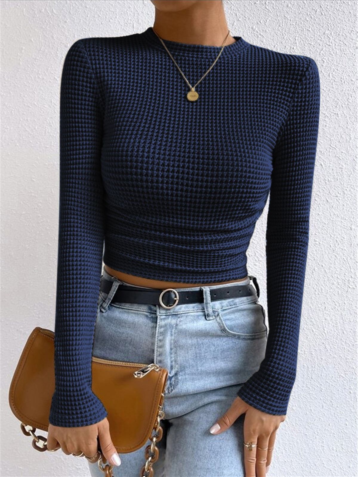 Anne – aangesloten waffle knit top met stretch en lange mouwen