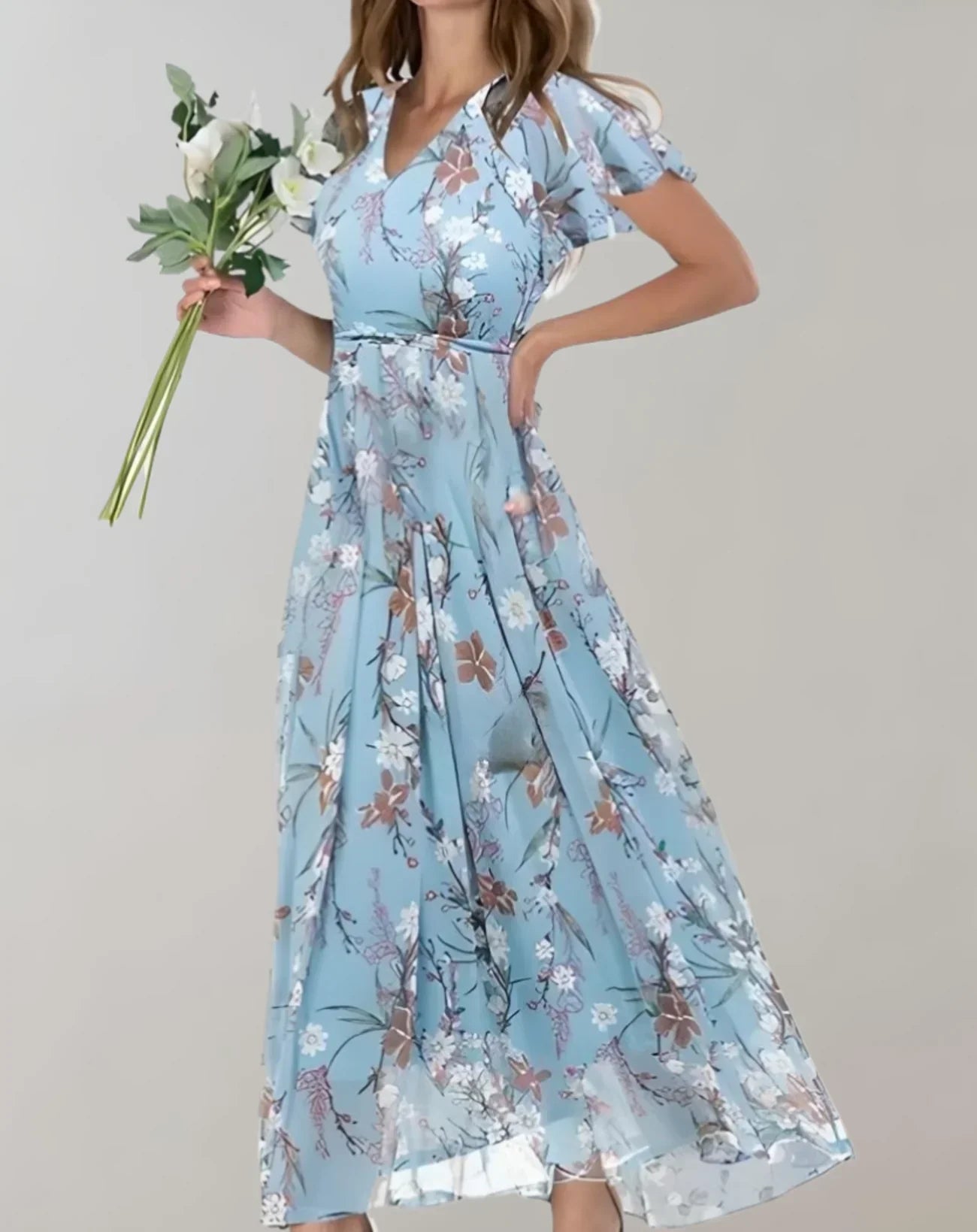 Elena – Getailleerde Chiffon Bloemenprint Maxi Jurk