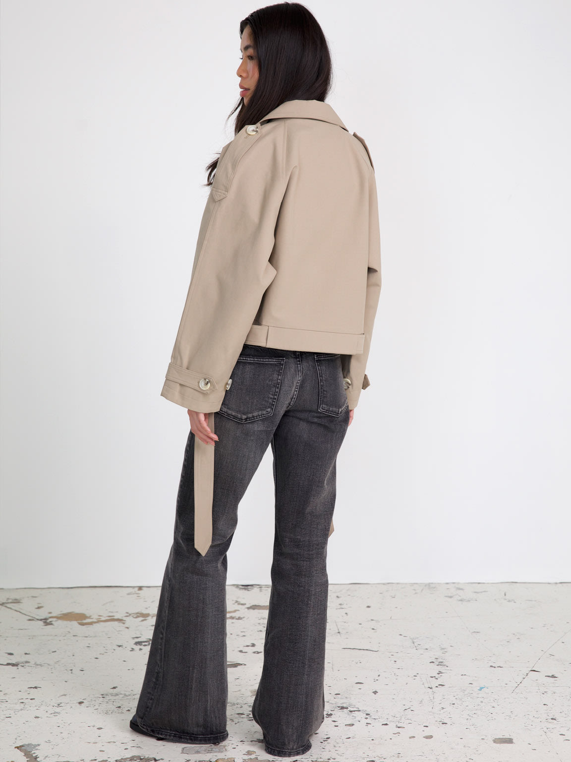 Canvas - Korte Getailleerde Dames Trenchcoat Met Wijde Mouwen