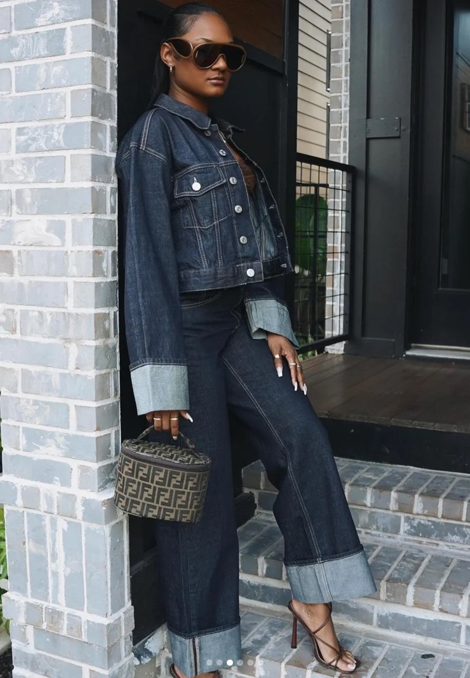 Sapphire - Denim Set Met Wide-Leg Broek & Cropped Jack