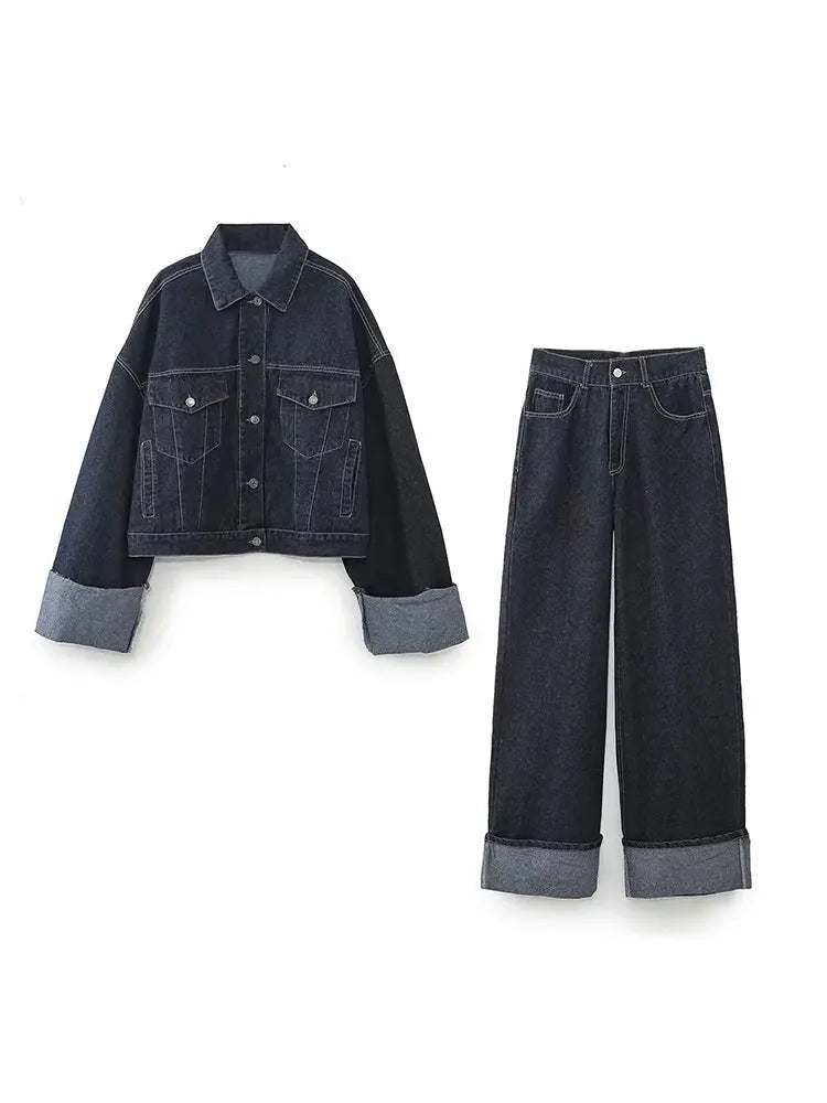 Sapphire - Denim Set Met Wide-Leg Broek & Cropped Jack