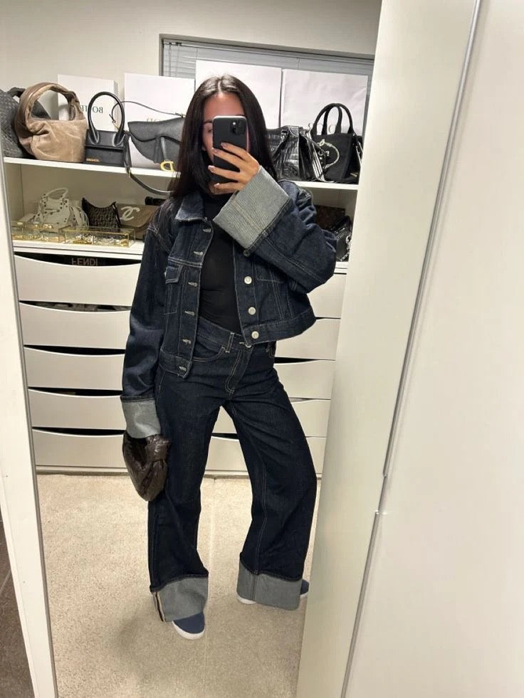 Sapphire - Denim Set Met Wide-Leg Broek & Cropped Jack