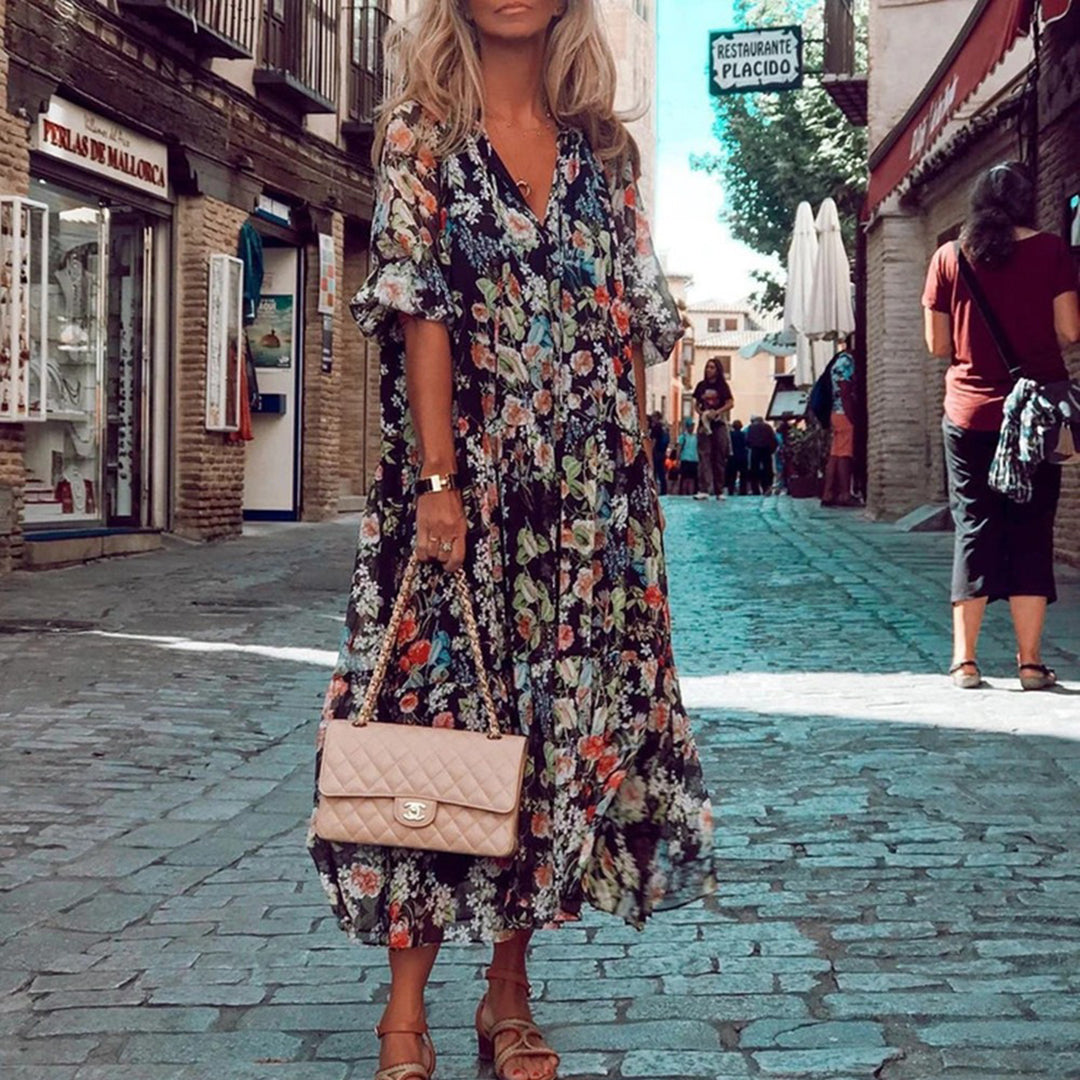 Regina – Bloemen print zomerjurk met zachte zijde-katoenmix