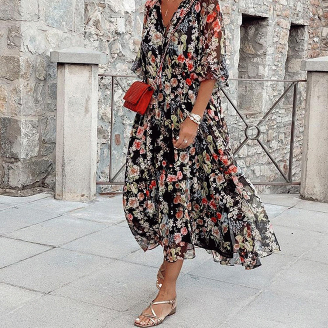 Regina – Bloemen print zomerjurk met zachte zijde-katoenmix