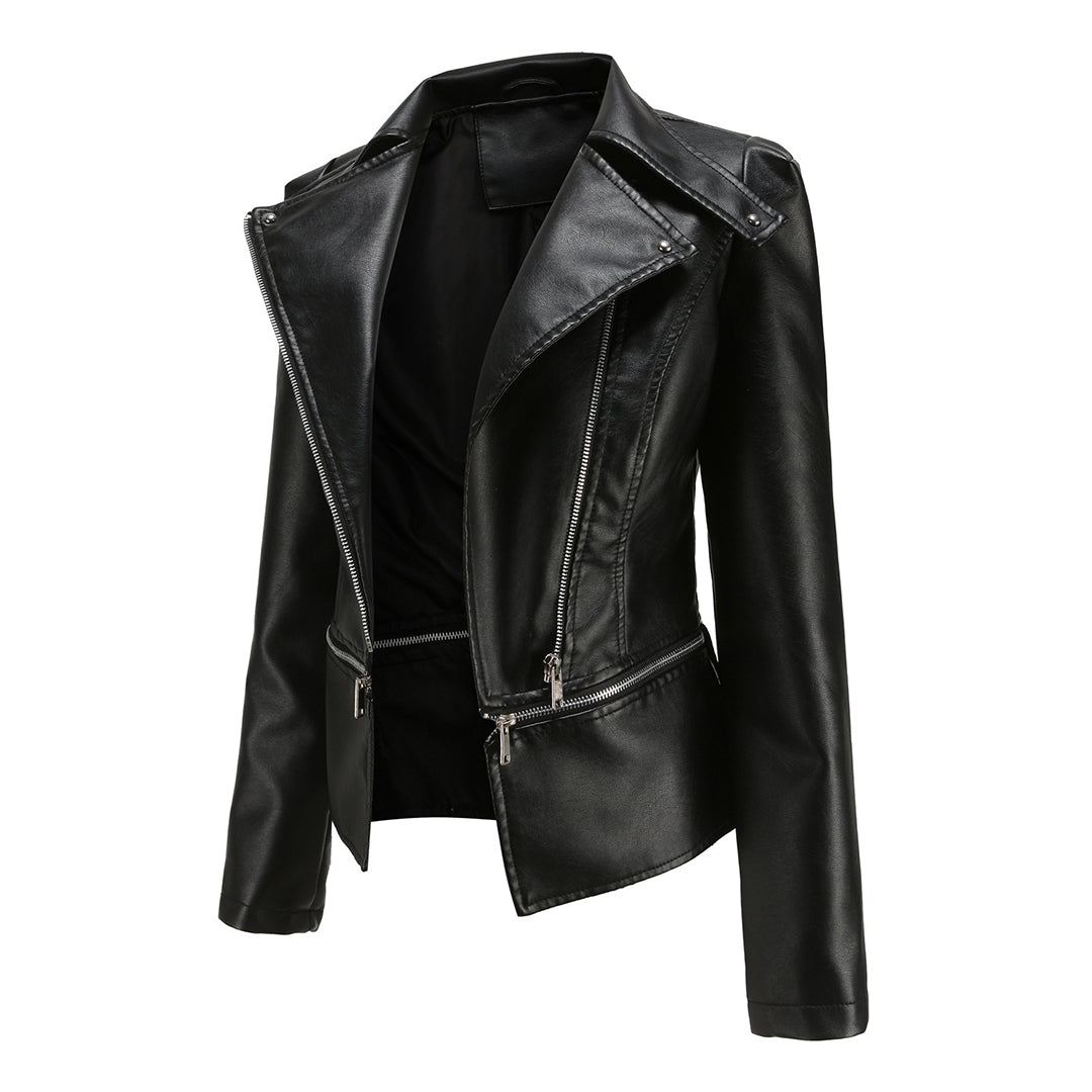 Aliya – leren damesjas met asymmetrische rits en afneembare zoom