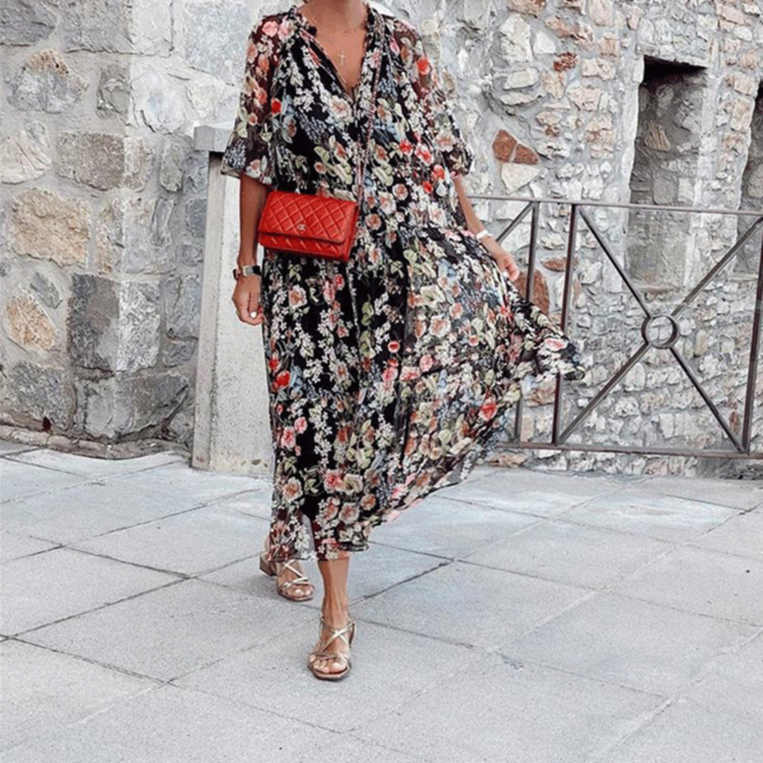 Regina – Bloemen print zomerjurk met zachte zijde-katoenmix