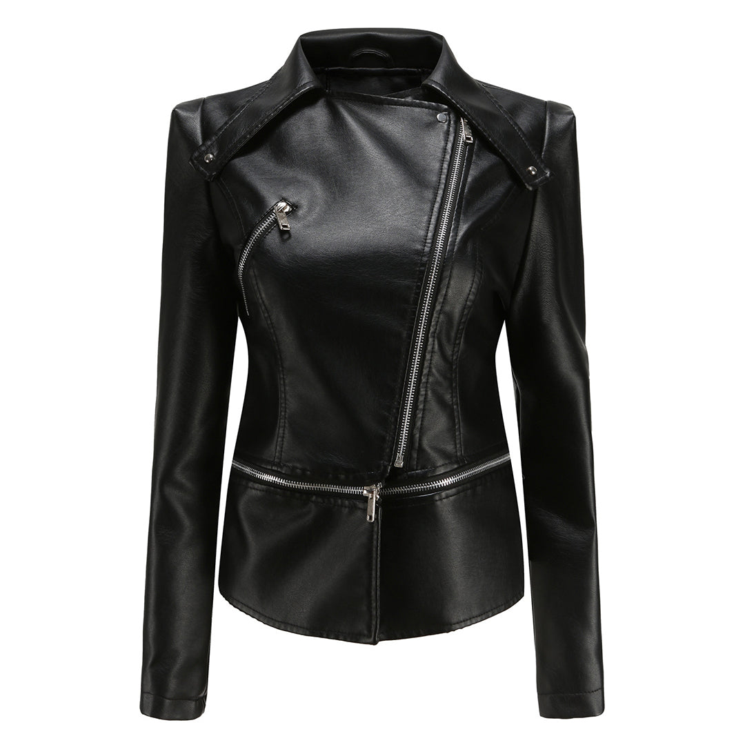 Aliya – leren damesjas met asymmetrische rits en afneembare zoom