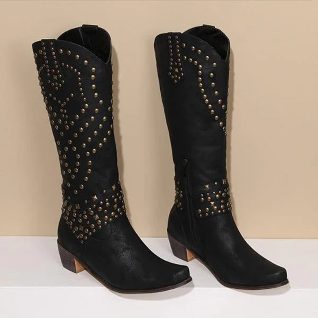 Joanne – hoge pu leren laarzen met studs en stevige hak