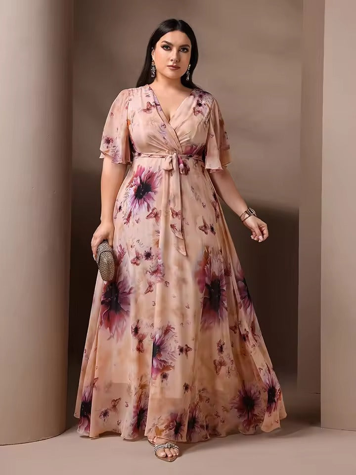 Brielle – maxi bloemenjurk met V-hals en vlindermouwen in pastelkleuren