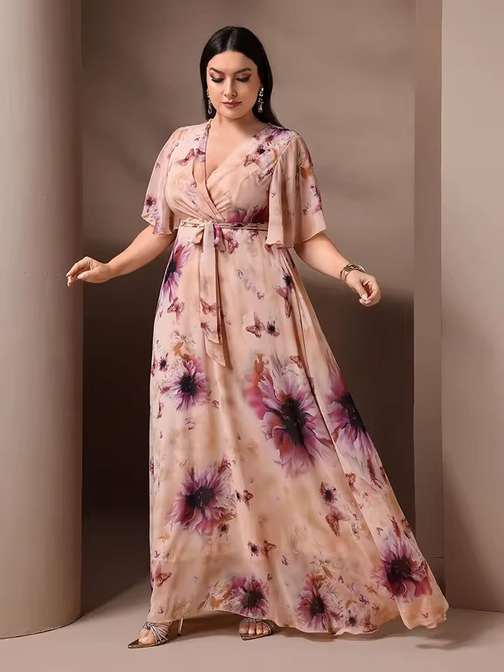 Brielle – maxi bloemenjurk met V-hals en vlindermouwen in pastelkleuren