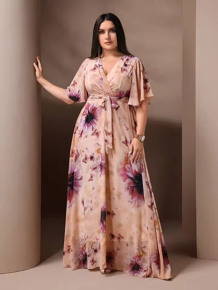 Brielle – maxi bloemenjurk met V-hals en vlindermouwen in pastelkleuren