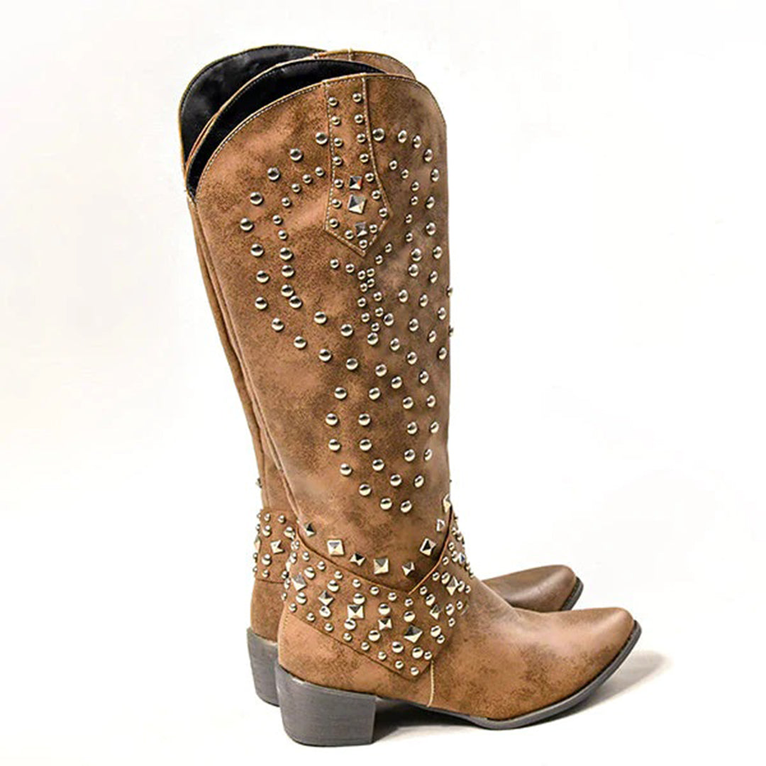 Joanne – hoge pu leren laarzen met studs en stevige hak