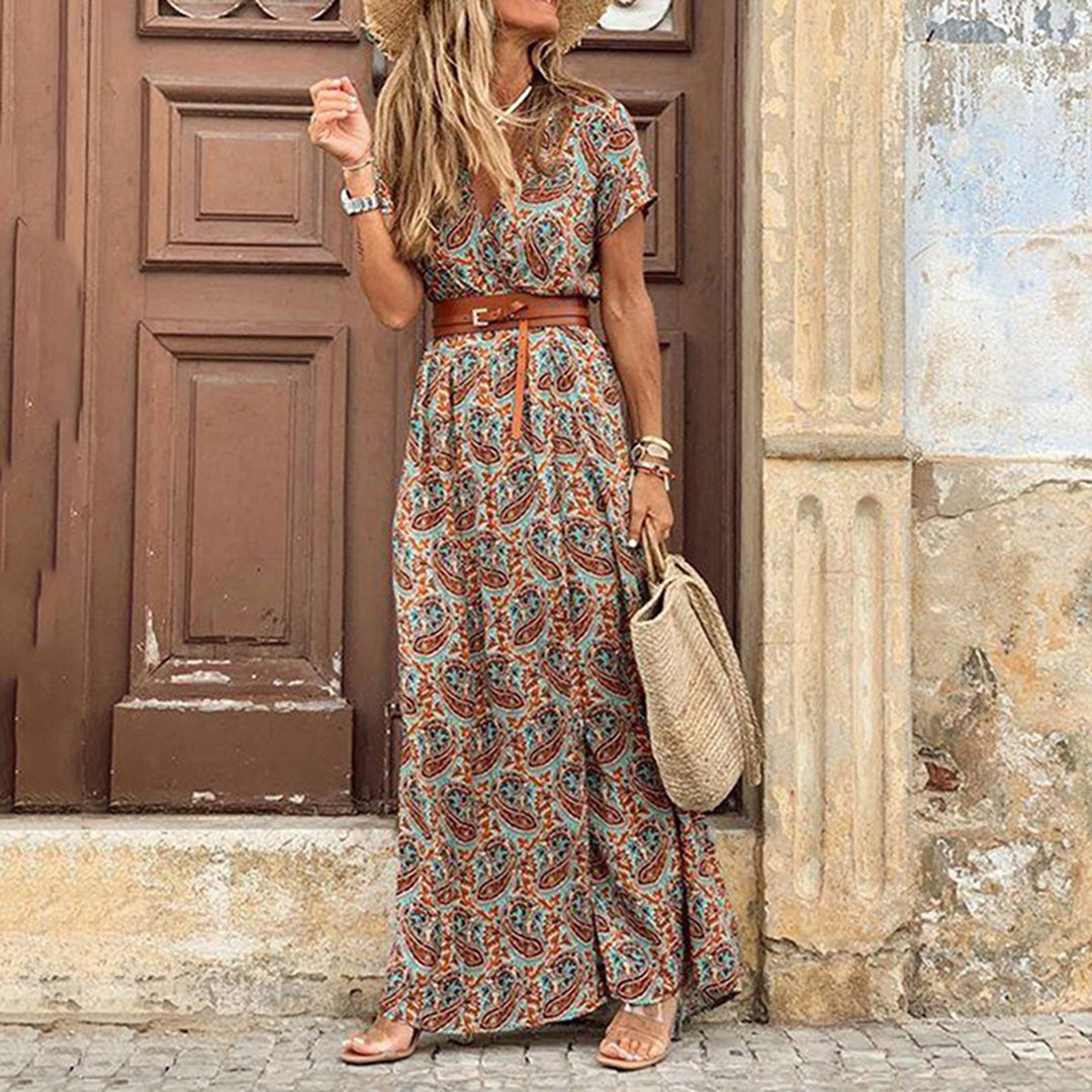 Lena - Maxi Boho Print Maxi Zomerjurk Met V-hals