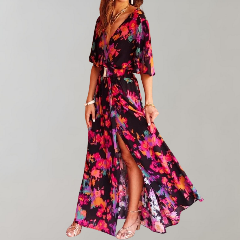 Chia – maxi-jurk met V-hals en striklint